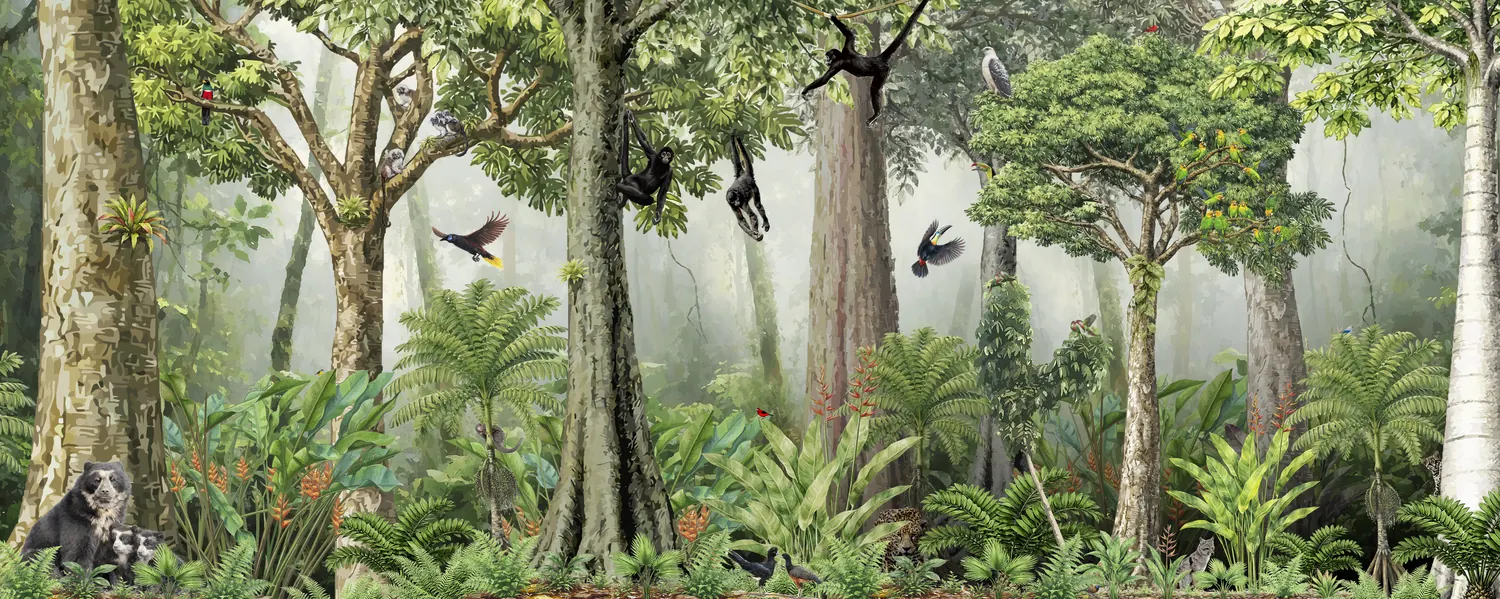 Mural panorámico de un bosque húmedo con monos, aves y helechos arborescentes